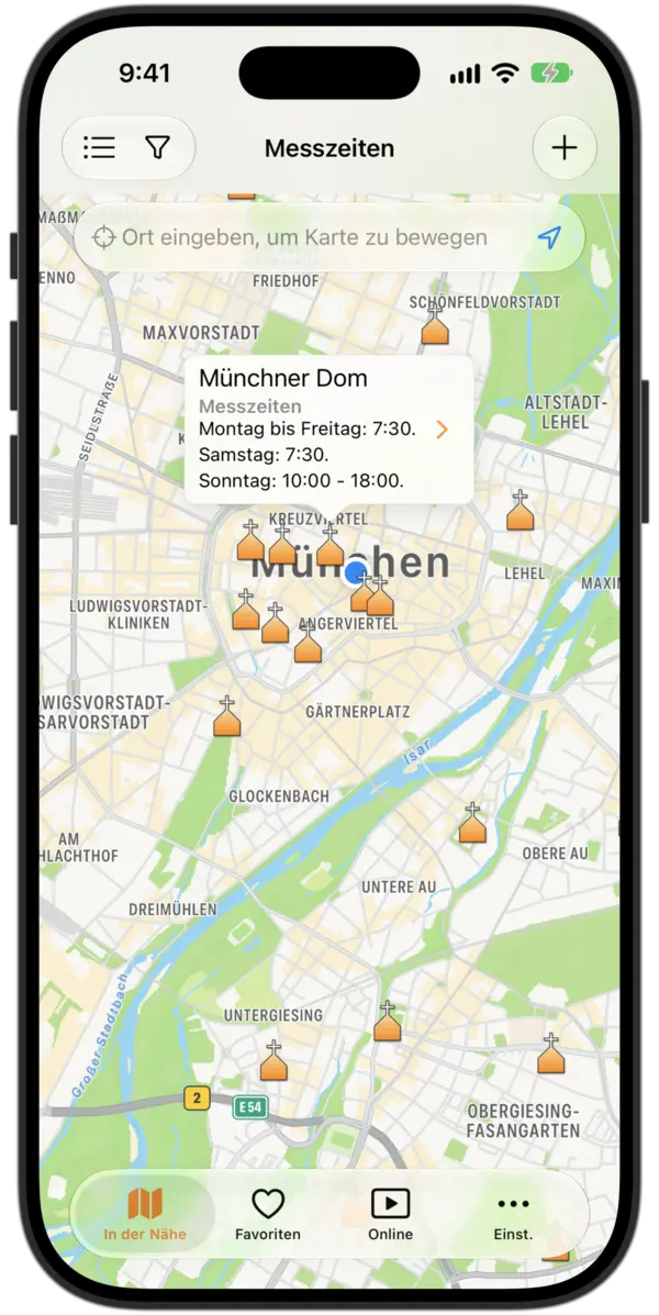 Messzeiten App - Karte katholischer Kirchen in meiner Nähe