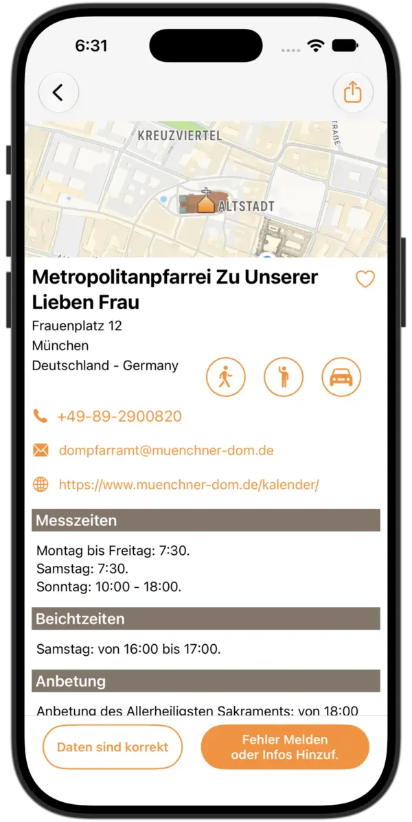 Messzeiten App - Kontaktdaten und Messzeiten katholischer Kirchen