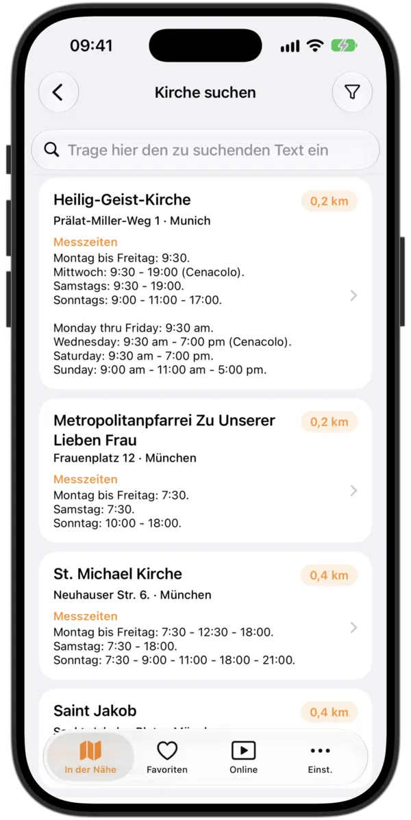 Messzeiten App - Liste der nächsten katholischen Kirchen